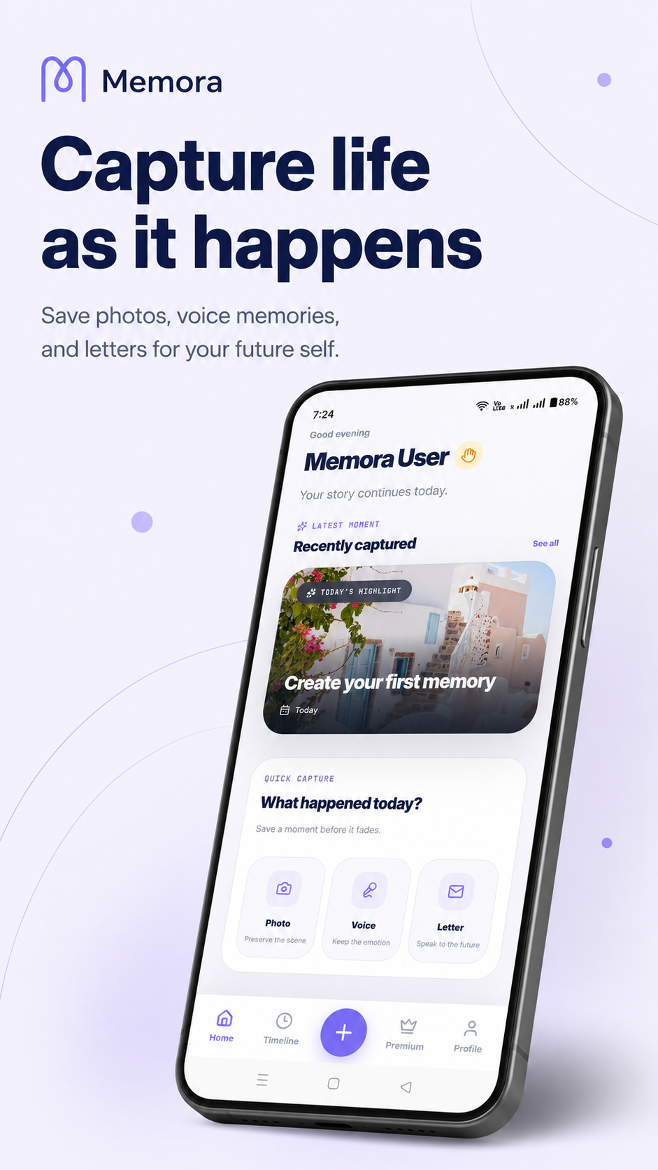 Memora home screen