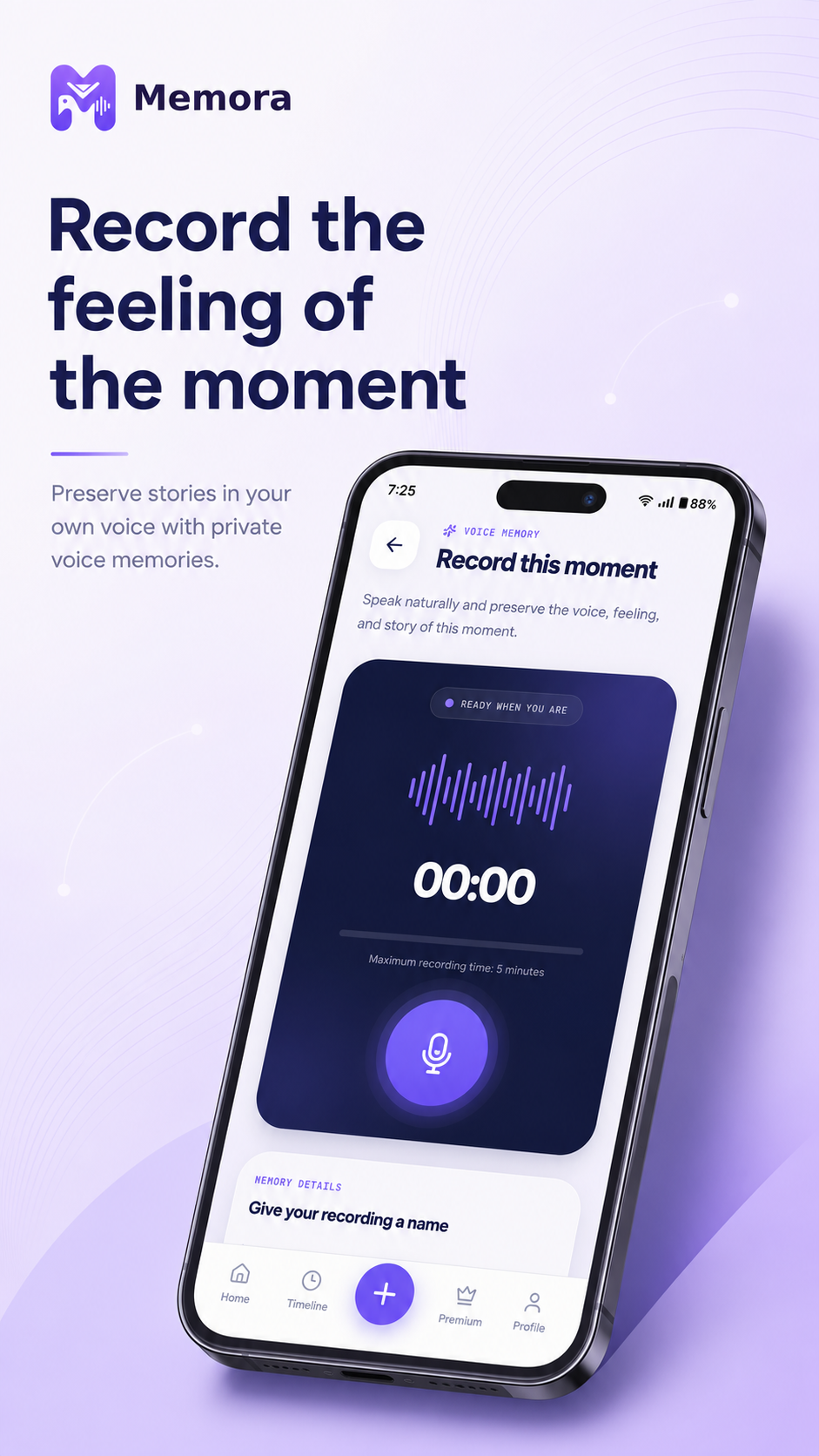 Memora voice recording screen